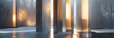 Layered rectangular lamps with a metallic finish resembling a modern art sculptureの素材