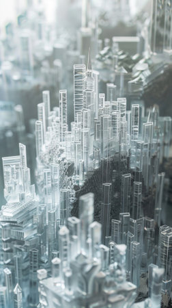 Bold translucent shapes joined together mimicking a miniature crystalline cityの素材
