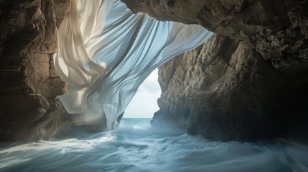 Soft fabric ds from the ceiling of a coastal cave creating an ethereal atmosphere in the grottoの素材