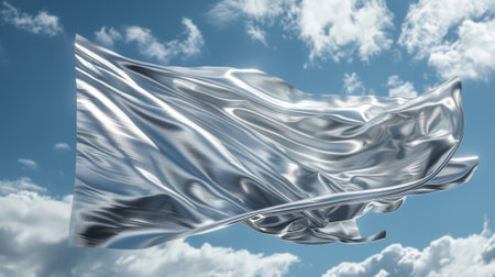 As the wind blows fiercely a silver flag with a bold design ascends upwards its shape undulating and twistingの素材