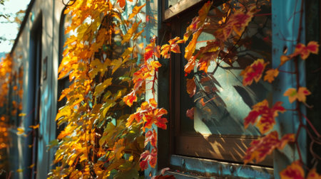 The vibrant colors of the vines contrast against the trains metal exteriorの素材