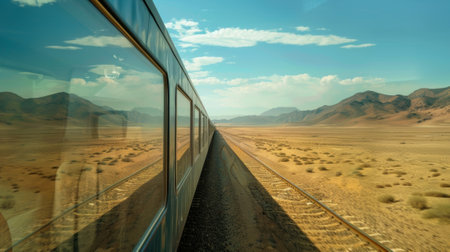 The trains windows reflecting the wide expanse of desert outside offering glimpses of the everchanging landscapeの素材