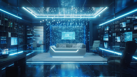 A home office where all devices and applications are linked and accessible through the 5G network allowing for seamless productivityの素材