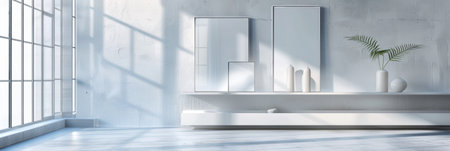 A modern and sleek studio scene featuring metallic frames in geometric shapes displayed on a sleek white shelving unitの素材