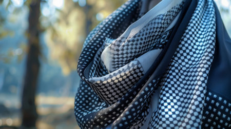 A classic black and white foulard scarf flutters gracefully adding a hint of sophistication to a casual ensembleの素材