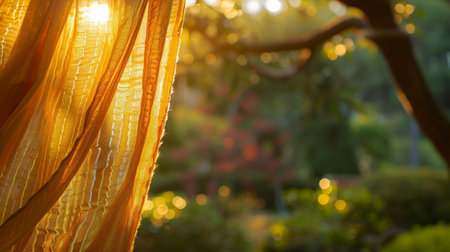 As the sun sets the fabric in the temple garden takes on a warm golden glow adding to the magical ambience of the sacred spaceの素材