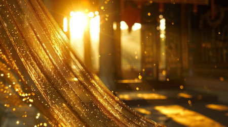 Golden threads shimmer in the sunlight dancing along with the flowing material in the shrineの素材