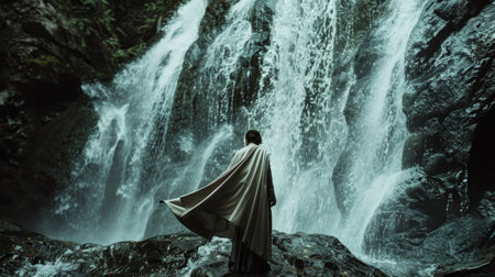 A figure in a flowing cape stands at the edge of a waterfall their cape cascading down with the rushing waterの素材