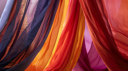 Bold and dramatic ds of fabric seemingly defying gravity as they hang from aboveの素材