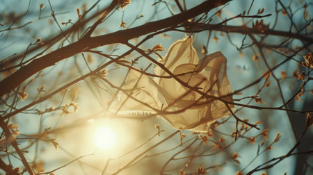 Through the branches of a tree a handkerchief twirls and twists suspended by the windの素材