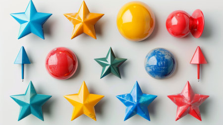 A set of push pins in bold geometric shapes like stars and arrowsの素材