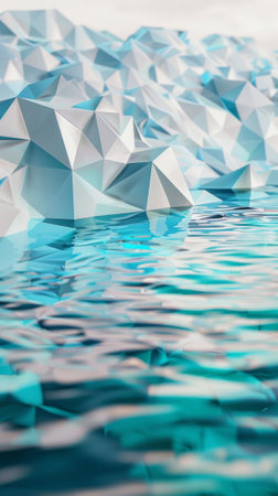 A serene beach scene depicted through overlapping triangles in shades of turquoise and whiteの素材