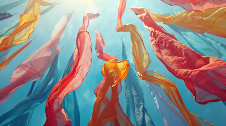 Hundreds of delicate fabric streamers dancing in perfect unison in the breezeの素材