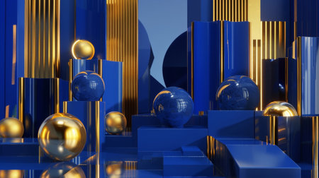A geometric tribute to the power and beauty of the moon and stars with bold shapes in shades of indigo ayst and goldの素材