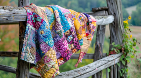 A rustic farmhouse porch its railing dd with a handstitched quilt made of various fabric scraps its vibrant colors standing out against the muted landscape as it flaps in the windの素材