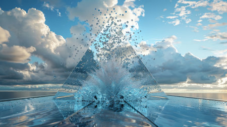 A surreal landscape of triangular water droplets cascading down a prism pyramidの素材