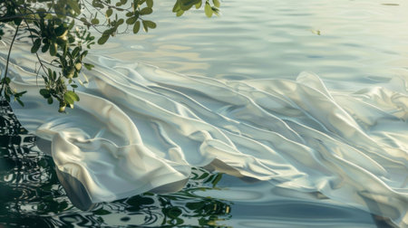 A tranquil escape from the chaos of the world framed by the serenity of a floating silk on a lakeの素材