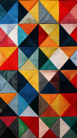 A bath mat featuring a combination of triangles and diamond shapes in vibrant colorsの素材