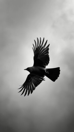 The contrast of dark wings against a blank sky a bird in perfect flight. Black and white art.の素材