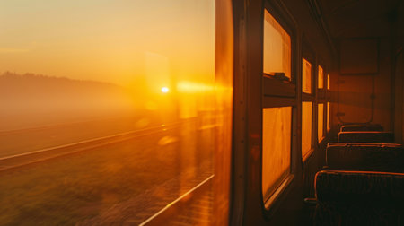 A peaceful and serene moment captured in the sunrise over the railway tracksの素材