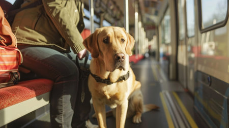 A guide dog confidently leads their blind owner to their designated seat on the train before settling down at their feetの素材