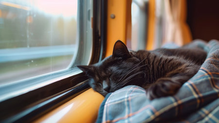 A sleek black cat curls up in a cozy train compartment perfectly content to spend the journey snoozingの素材