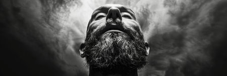 A portrait taken from an extreme low angle making the subject appeart.larger than life. Black and white art.の素材