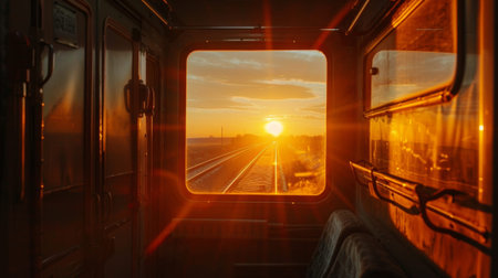 A stunning sunrise casting a warm glow over the cold steel of the railway tracksの素材