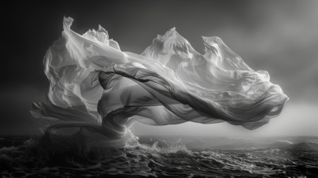 The stark contrast between the windblown fabric and the stillness of the surrounding objects creates a sense of movement and energy in the photograph. Black and white art.の素材