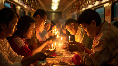Passengers lighting candles and incense as they pray and offer blessings for a joyful and prosperous cultural celebration on the trainの素材