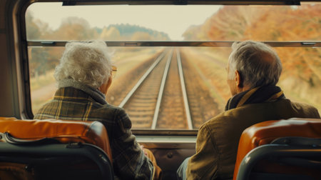 An elderly couple taking advantage of the leisurely pace of train travel to reconnect and spend quality time togetherの素材