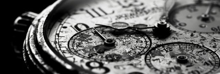 A dial of a vintage watch with each scratch and imperfection a mark of its history. Black and white art.の素材