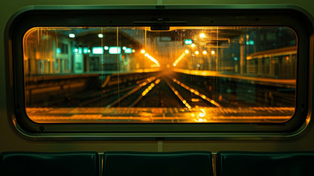 Looking out of the train window the station appears like a glowing jewel in the darkの素材
