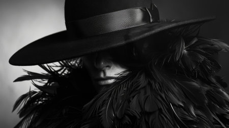 A figure dd in a cloak of feathers their face obscured by a widebrimmed hat but their sharp inquisitive eyes still visible. Black and white art.の素材
