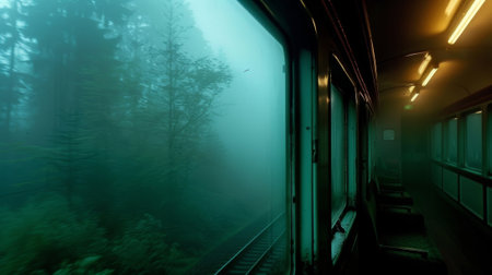 A ghostly train glides through the mist ly visible to the d eyeの素材