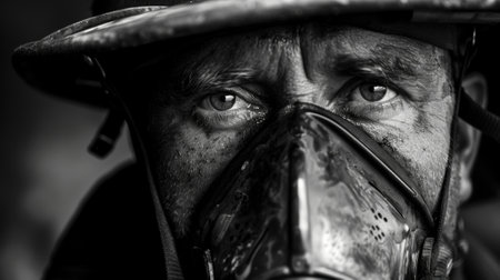 A portrait of a seasoned firefighter their face mask a symbol of their rugged abilities to conquer even the most dangerous of situations. Black and white art.の素材