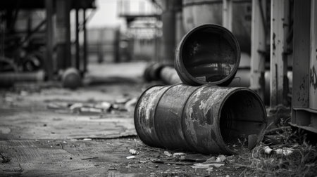 Decaying barrels and rusted pipes in an old industrial yard. Black and white art.の素材