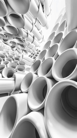 A composition of cylindrical shapes intersecting at different angles forming a dynamic structureの素材