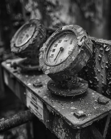 The faded numbers and dials of an ancient industrial scale. Black and white art.の素材