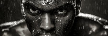 A portrait of a boxer in the ring his eyes locked on his opponent with fierce determination. Black and white art.の素材
