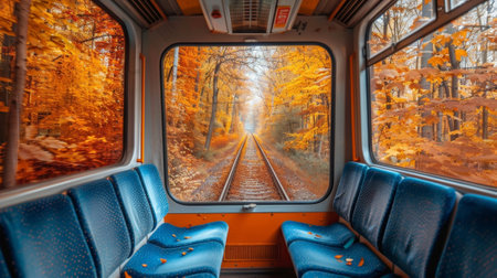 As the train disappears into the distance the autumn forest remains a tranquil oasisの素材