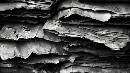 Aged cracked pages peek out from under layers of curling covers. Black and white art.の素材