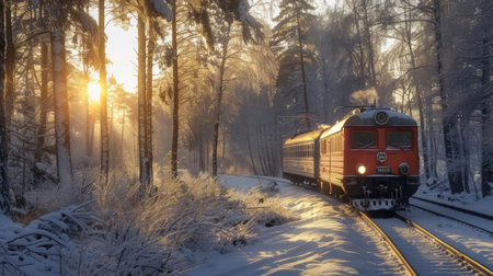 The train winds its way through a frosty forest the sun peering through the trees and casting shadows on the snowy groundの素材