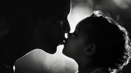 The purest form of love depicted in the stunning contrast of black and white between a mother and her beloved child. Black and white art.の素材