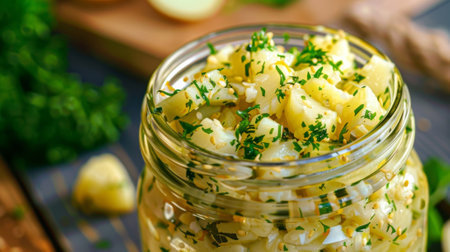A jar of tangy pickled seaweed adds a unique twist to the traditional potato saladの素材