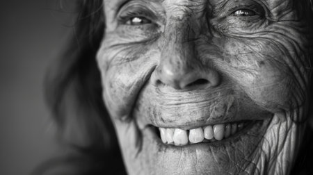 The closeup shot of a womans smile highlights the beauty of her laugh lines and the joy she radiates. Black and white art.の素材