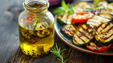 A jar of avocado oil with a label boasting its antioxidant benefits next to a plate of grilled vegetables cooked in the oilの素材