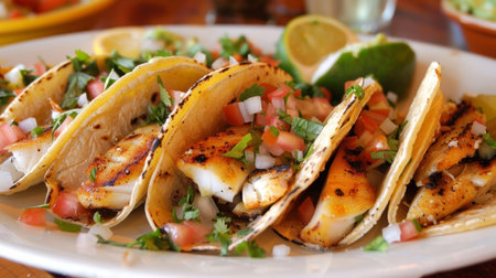 A hot and fresh plate of fish tacos made with the help of avocado oils smoke point in grilling the fish without creating smokeの素材