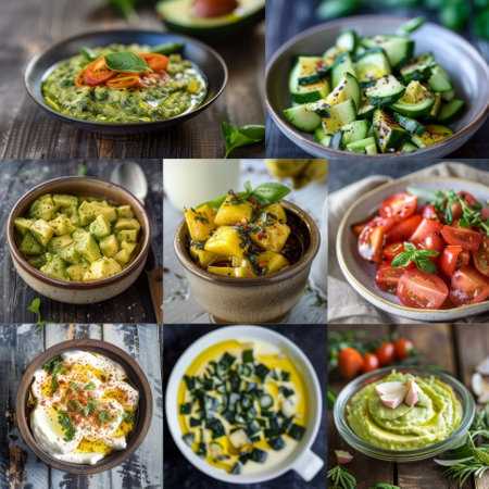 A collage of different dishes made with coldpressed avocado oil demonstrating its versatility in cookingの素材