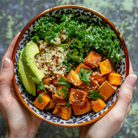 A hands holding a colorful bowl filled with quinoa kale and roasted sweet potatoes all dressed in a simple avocado oil vinaigretteの素材